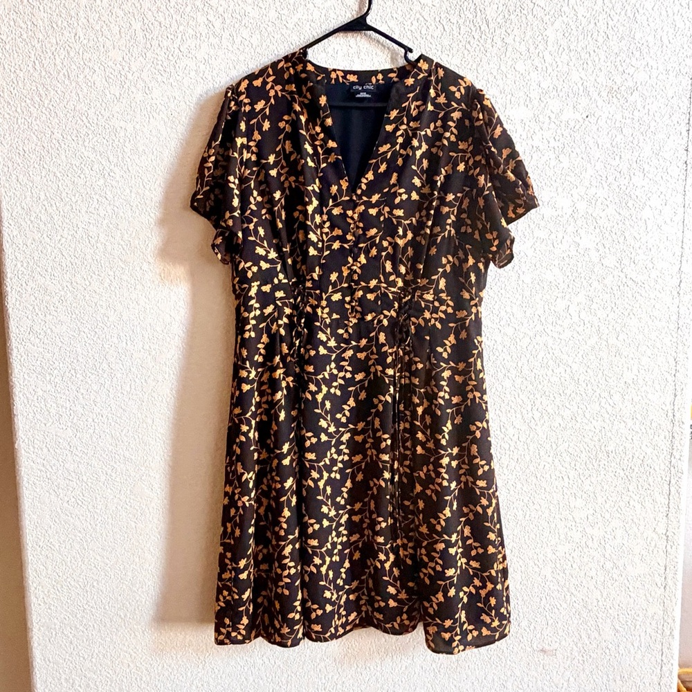 City Chic Women’s Plus Size 18 Black Orange Floral Love Vine Skater Dress A-line